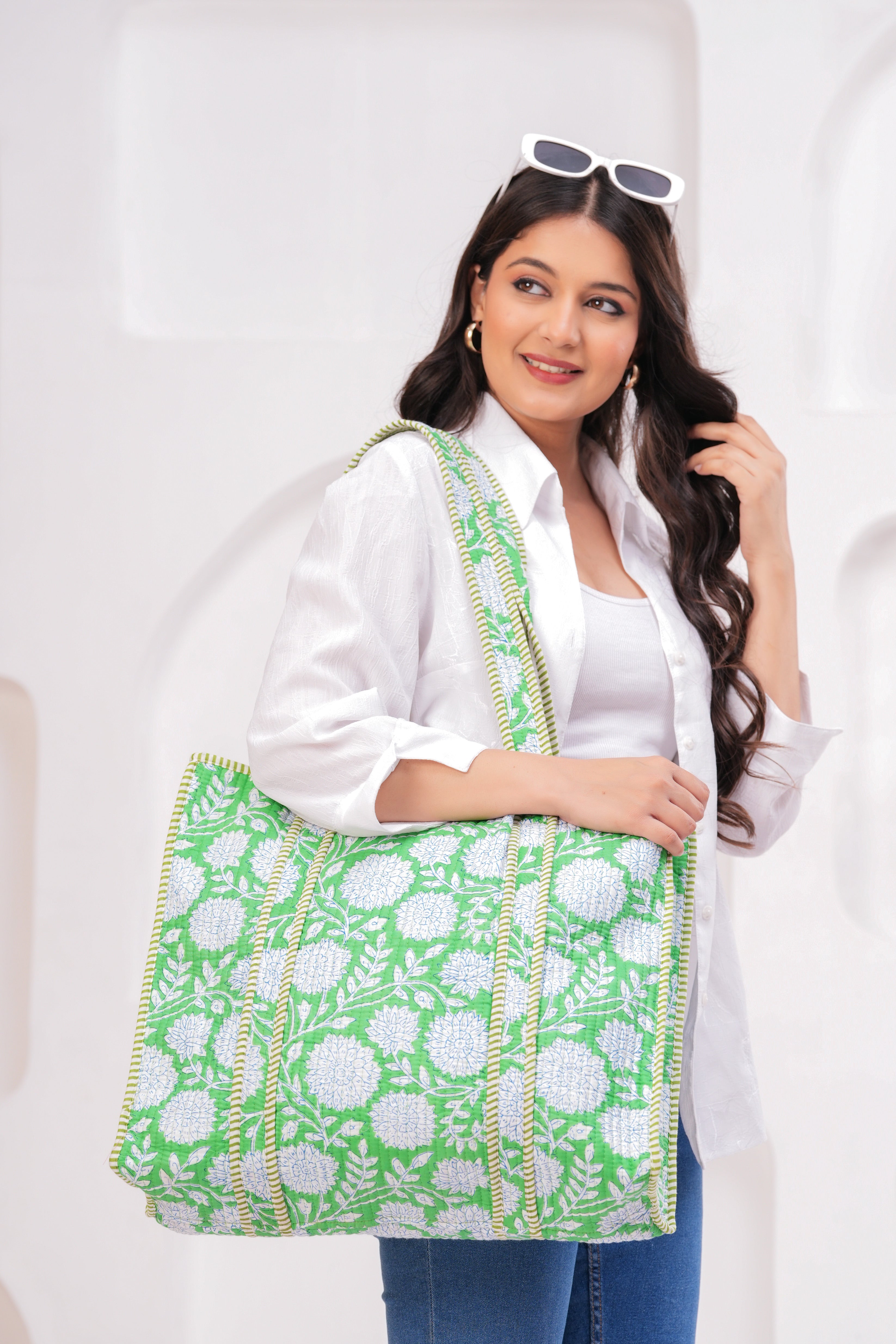 Green & White Quilted Cotton Tote Bag | Handmade Floral Print Shoulder Bag | Eco-Friendly Round Handle Purse for Daily Use